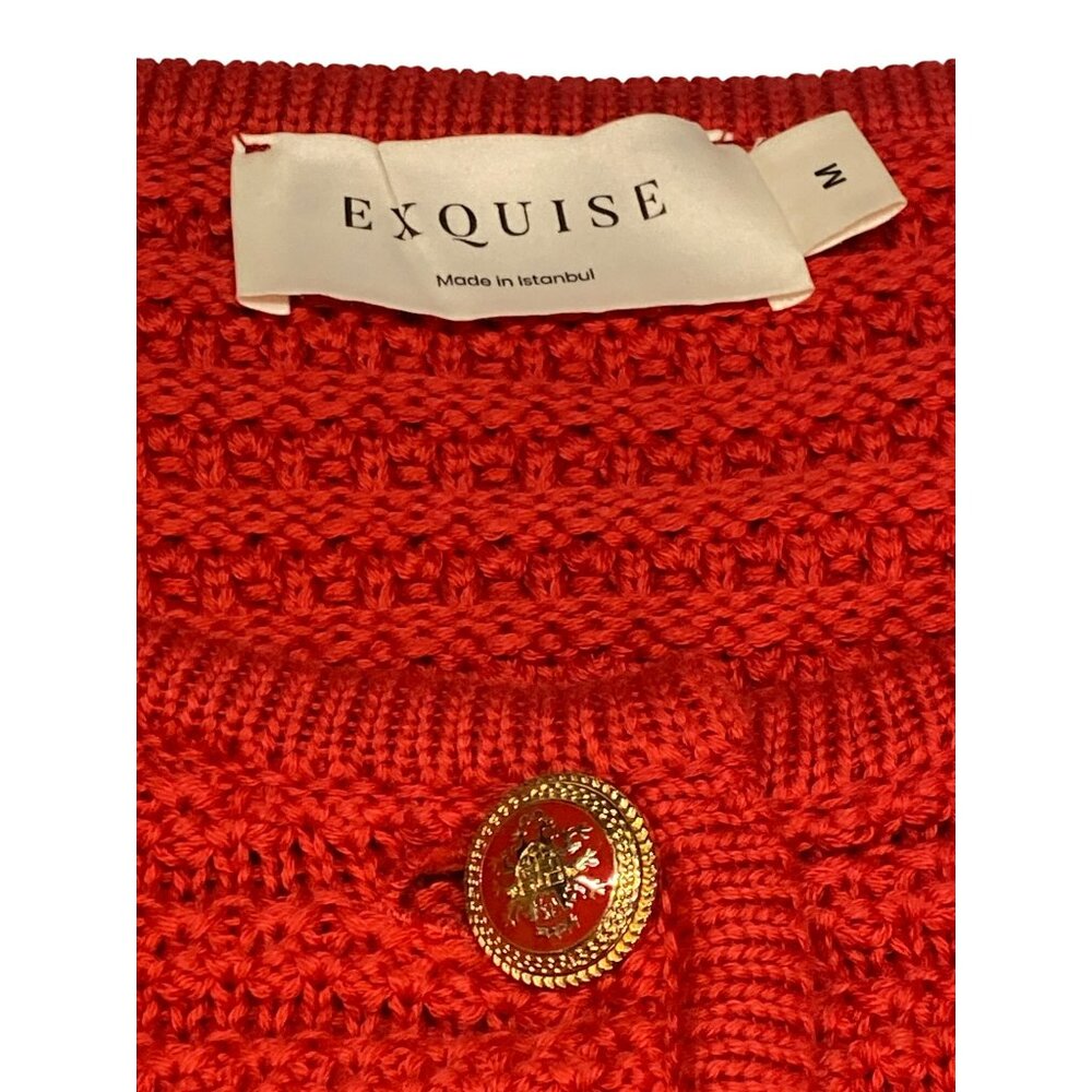 Exquise Red Cardigan Knit Joanna K. Gold Buttons Classic Crew Neck Medium - Picture 6 of 7